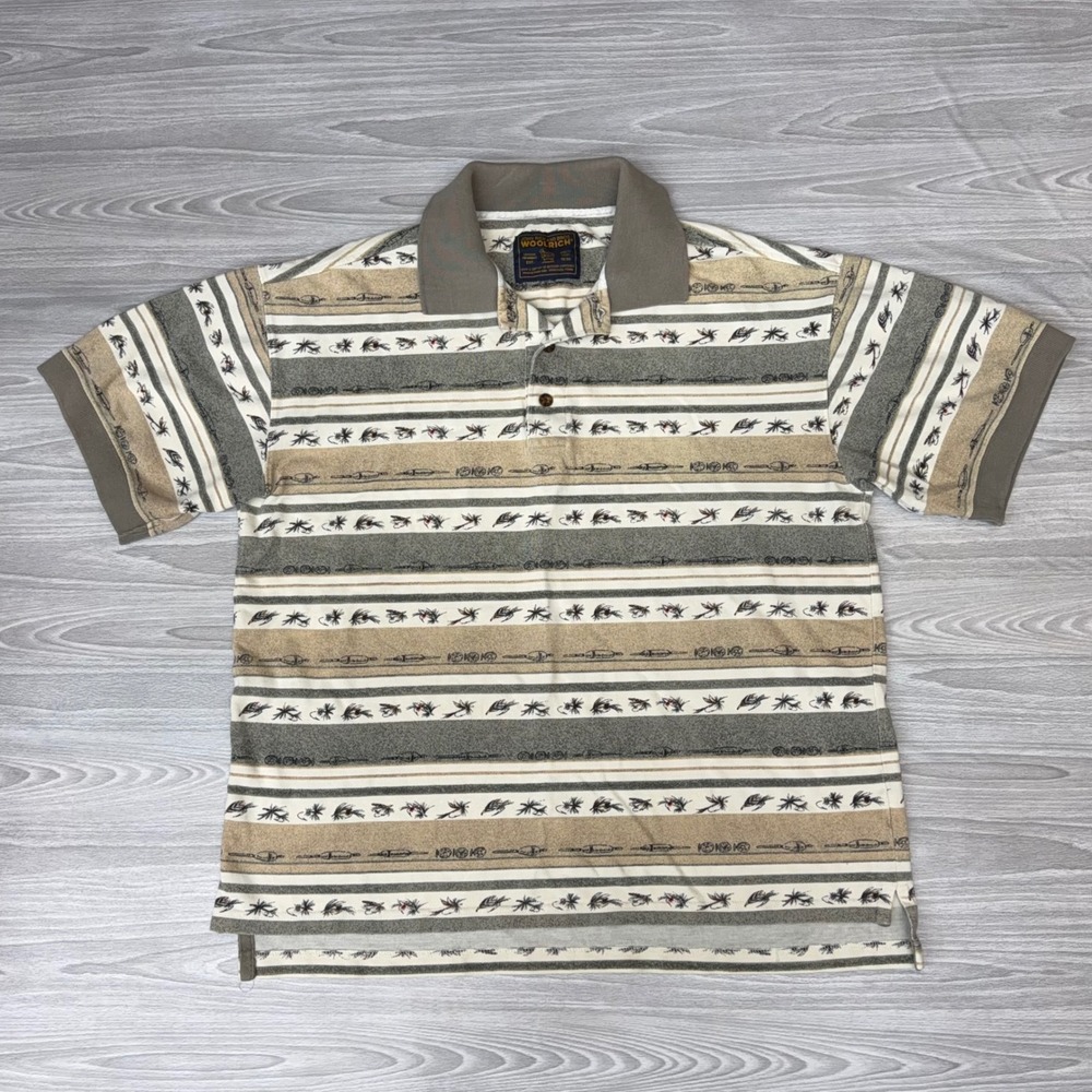 Vintage Woolrich Polo Shirt Mens M Khaki Fishing Print Fly Fishing Lure Stripe